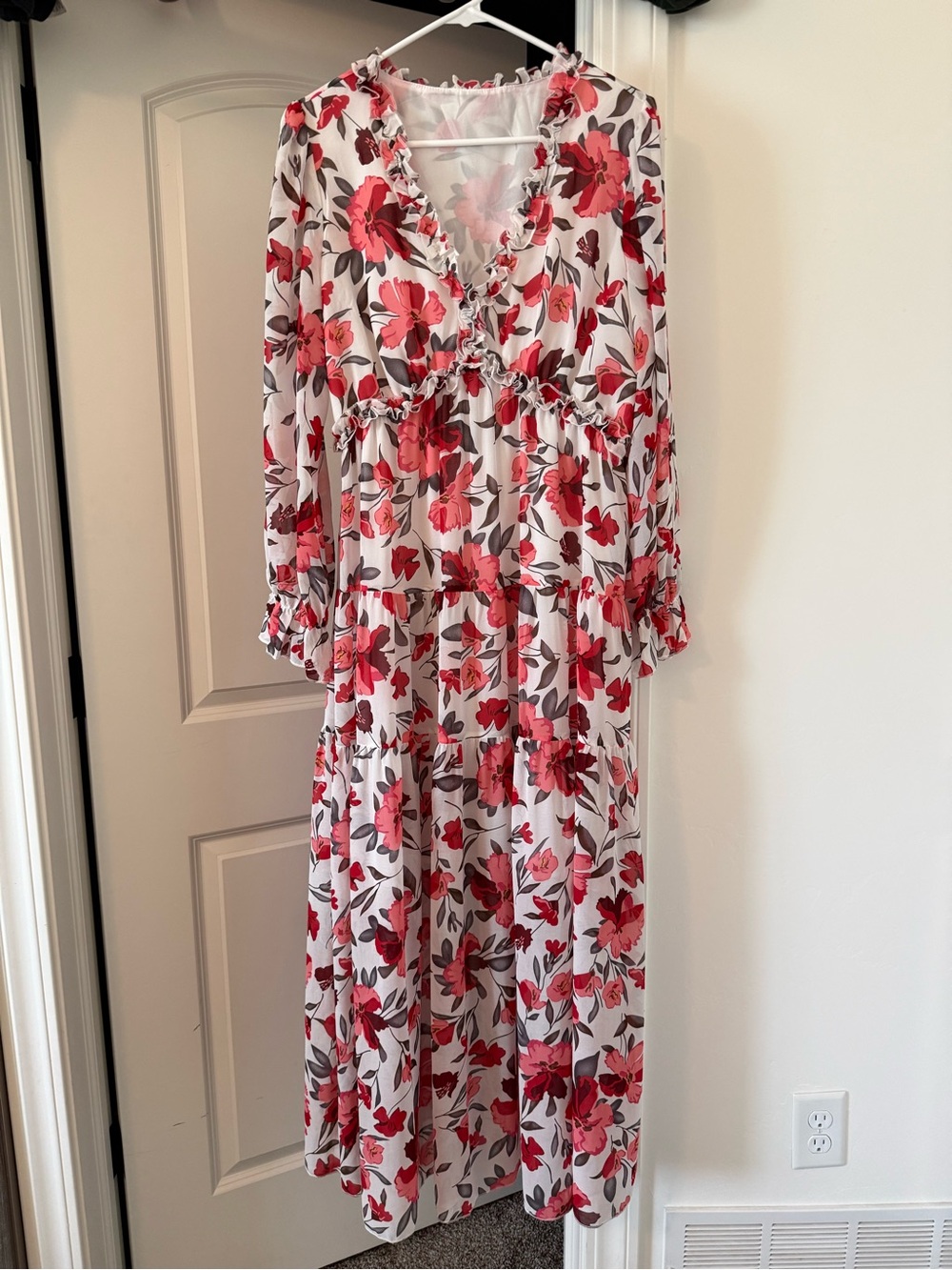 Floral V-Neck White Maxi Dress with Red Bloom Print